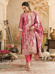 Pink Woven Design Straight Kurta Trousers With Dupatta Set