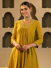 Indo Era Mustard Embroidered A-Line Kurta Trousers Set