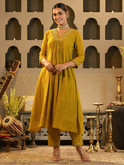 Indo Era Mustard Embroidered A-Line Kurta Trousers Set