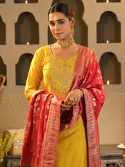 Yellow Embroidered Straight Kurta Trousers With Dupatta Set