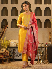 Yellow Embroidered Straight Kurta Trousers With Dupatta Set