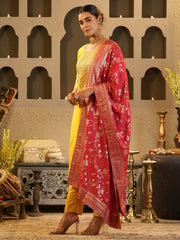 Yellow Embroidered Straight Kurta Trousers With Dupatta Set