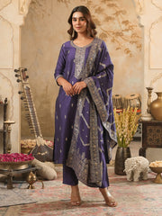 Purple Embroidered Straight Kurta Trousers With Dupatta Set
