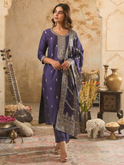 Purple Embroidered Straight Kurta Trousers With Dupatta Set