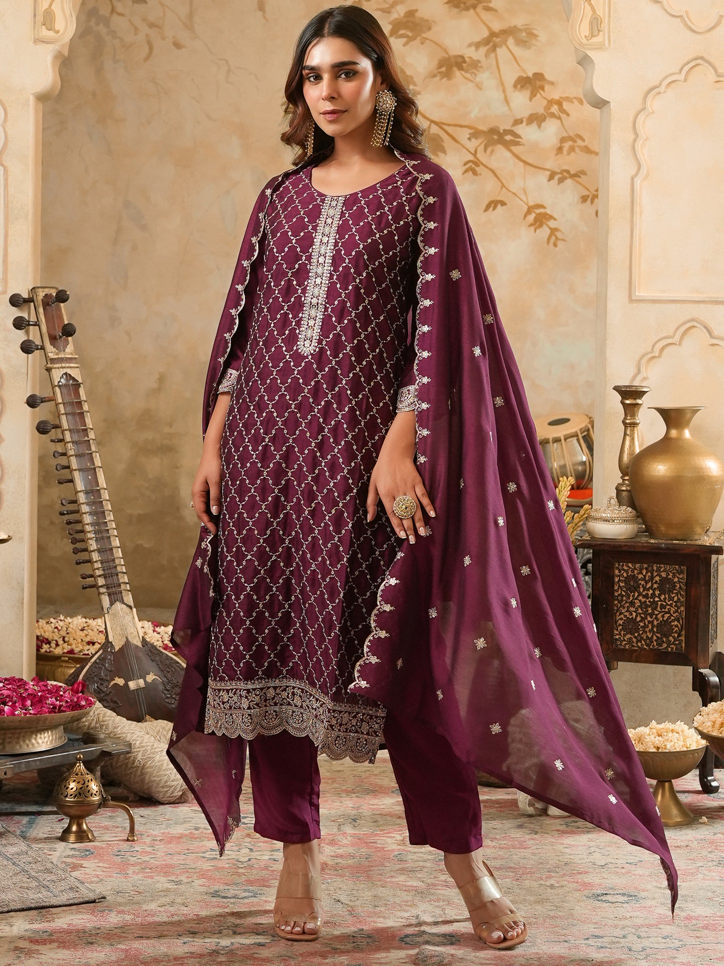 Burgundy Embroidered Straight Kurta Trousers With Dupatta Set