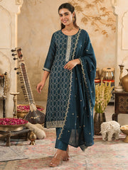 Embroidered Straight Kurta Trousers With Dupatta Set