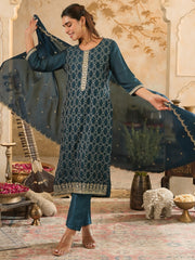 Embroidered Straight Kurta Trousers With Dupatta Set
