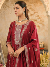 Maroon Embroidered Straight Kurta Trousers With Dupatta Set