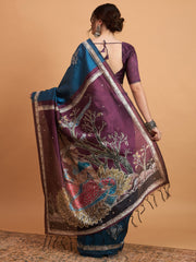 Women's Cotton Blend Teal blue Printed Designer Saree With Blouse Piece