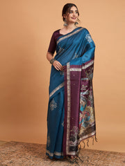 Women's Cotton Blend Teal blue Printed Designer Saree With Blouse Piece