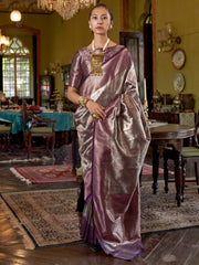 ساري كانجيفارام حريري أرجواني بتصميم منسوج للنساء مع قطعة بلوزة