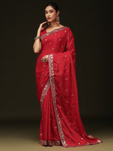 Women's chinnon Red Embellished Designer Saree With Blouse Piece