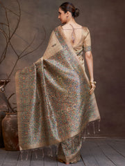 ساري نسائي من القطن والحرير، بيج اللون، مطبوع رقميًا، بتصميم أنيق، مع قطعة بلوزة.