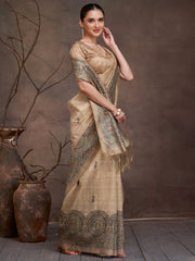 ساري نسائي من القطن والحرير، بيج اللون، مطبوع رقميًا، بتصميم أنيق، مع قطعة بلوزة.