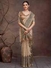 ساري نسائي من القطن والحرير، بيج اللون، مطبوع رقميًا، بتصميم أنيق، مع قطعة بلوزة.