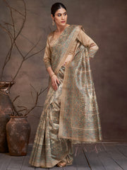 ساري نسائي من القطن والحرير، بيج اللون، مطبوع رقميًا، بتصميم أنيق، مع قطعة بلوزة.