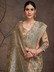 ساري نسائي من القطن والحرير، بيج اللون، مطبوع رقميًا، بتصميم أنيق، مع قطعة بلوزة.