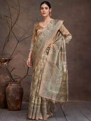 ساري نسائي من القطن والحرير، بيج اللون، مطبوع رقميًا، بتصميم أنيق، مع قطعة بلوزة.