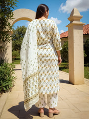 White Printed Straight Kurta Trousers With Dupatta Set