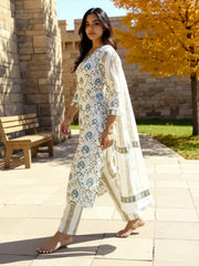 White Printed Straight Kurta Trousers With Dupatta Set