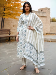 White Printed Straight Kurta Trousers With Dupatta Set