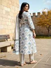 White Printed Straight Kurta Trousers With Dupatta Set