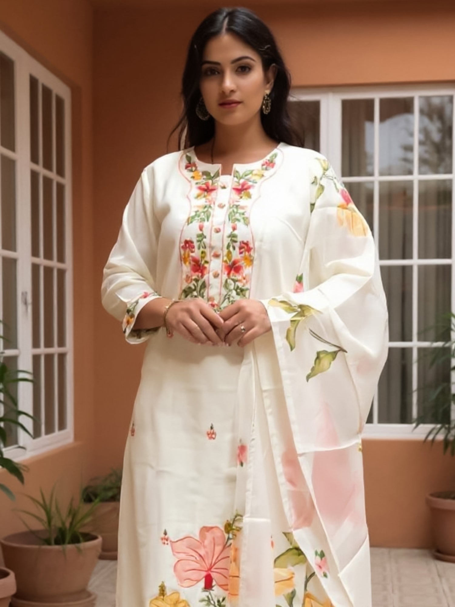 Off White Embroidered Straight Kurta Trousers With Dupatta Set
