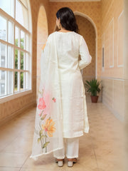 Off White Embroidered Straight Kurta Trousers With Dupatta Set