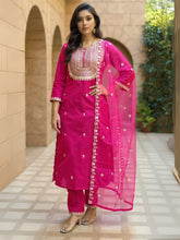 Pink Embroidered Straight Kurta Trousers With Dupatta Set