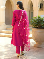 Pink Embroidered Straight Kurta Trousers With Dupatta Set