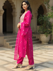 Pink Embroidered Straight Kurta Trousers With Dupatta Set