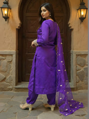 Purple Embroidered Straight Kurta Trousers With Dupatta Set