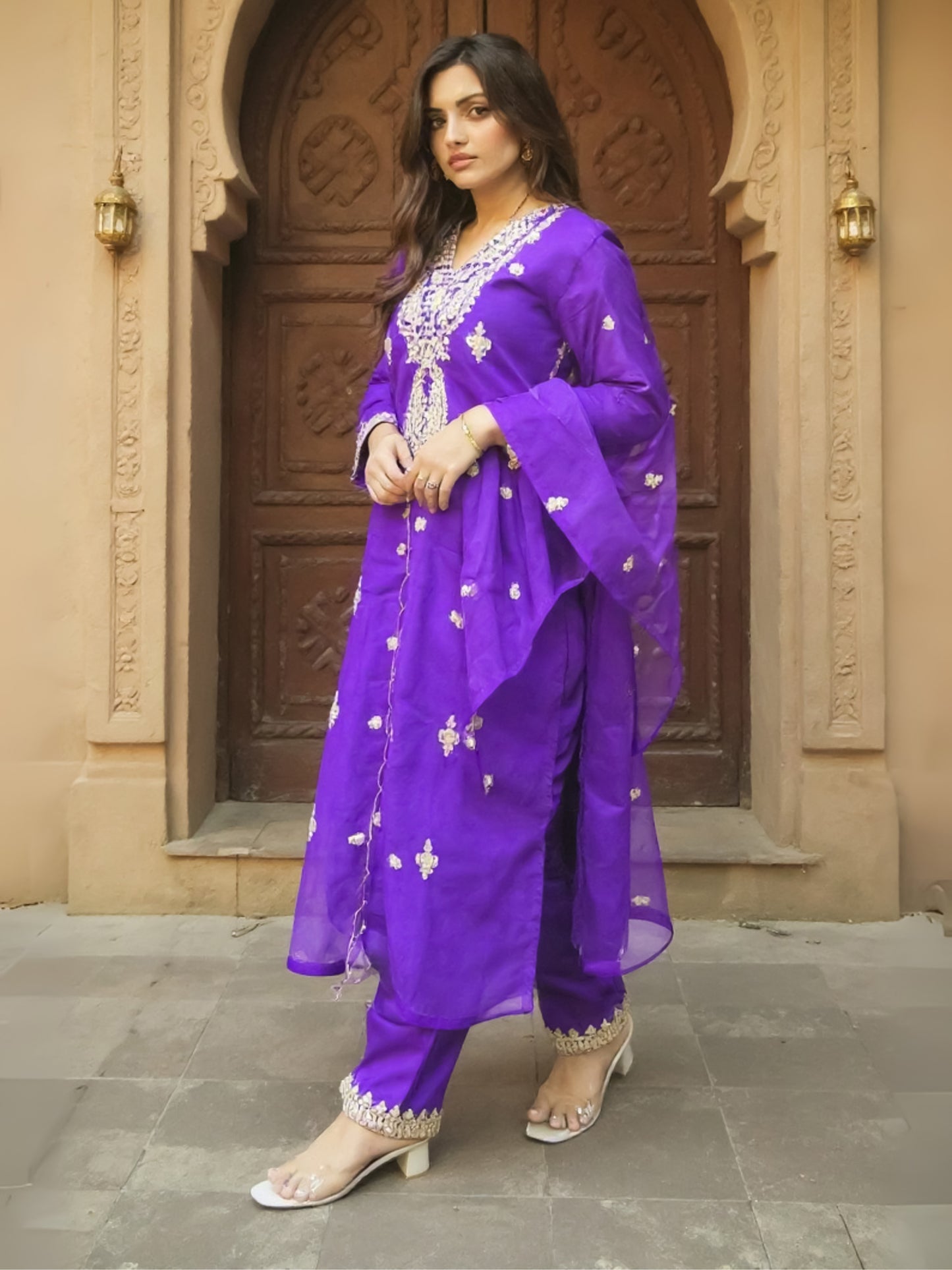 Purple Embroidered Straight Kurta Trousers With Dupatta Set