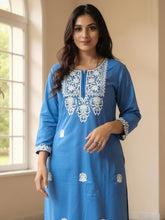 Blue Embroidered Straight Kurta Trousers Set