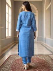 Blue Embroidered Straight Kurta Trousers Set