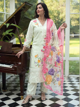 Off White Embroidered Straight Kurta Trousers With Dupatta Set