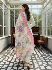 Off White Embroidered Straight Kurta Trousers With Dupatta Set