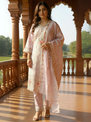 Lavender Embroidered Straight Kurta Trousers With Dupatta Set