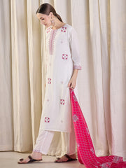 White Embroidered Straight Kurta Trousers With Dupatta Set