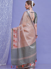 ساري نسائي من الكتان بلون الخوخ بتصميم منسوج مع قطعة بلوزة