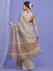 ساري نسائي رمادي من الكتان المنسوج بتصميم فاخر مع قطعة بلوزة