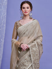 ساري نسائي رمادي من الكتان المنسوج بتصميم فاخر مع قطعة بلوزة