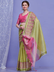 ساري نسائي من الكتان الأخضر الفاتح بتصميم منسوج مع قطعة بلوزة