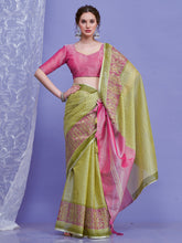 ساري نسائي من الكتان الأخضر الفاتح بتصميم منسوج مع قطعة بلوزة