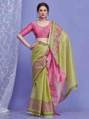 ساري نسائي من الكتان الأخضر الفاتح بتصميم منسوج مع قطعة بلوزة