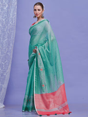 ساري نسائي من الكتان الفيروزي بتصميم منسوج مع قطعة بلوزة