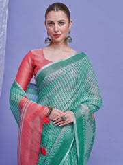 ساري نسائي من الكتان الفيروزي بتصميم منسوج مع قطعة بلوزة