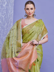 ساري نسائي من الكتان الأخضر الفاتح بتصميم منسوج مع قطعة بلوزة