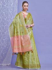 ساري نسائي من الكتان الأخضر الفاتح بتصميم منسوج مع قطعة بلوزة