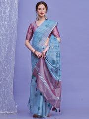 ساري نسائي من الكتان الأزرق الفاتح بتصميم منسوج مع قطعة بلوزة